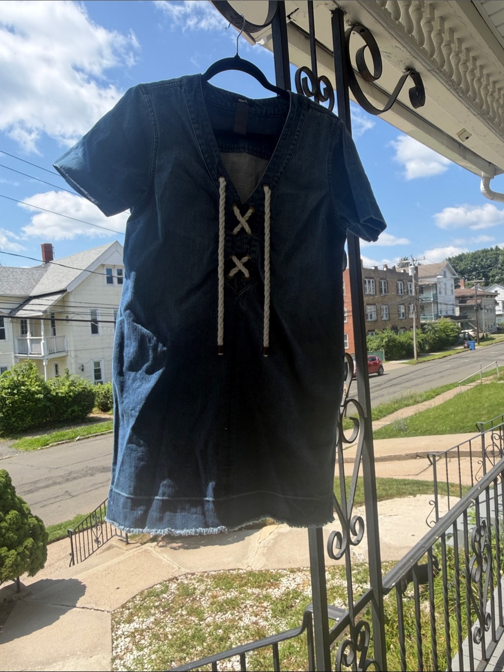 Denim Lace-Up V-Neck Shift Dress in Dark Blue